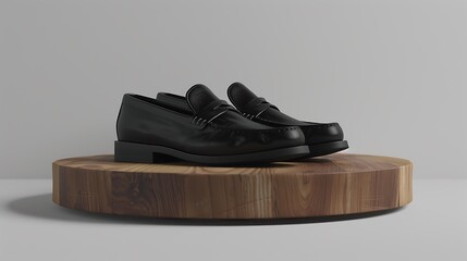 Poster - Chic black loafers with a matte finish, displayed on a classic wooden platform