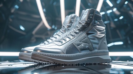 Wall Mural - Elegant silver high-top sneakers with a matte finish, showcased against a futuristic backdrop