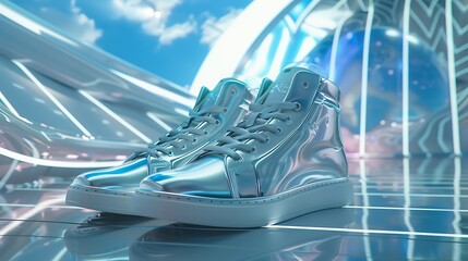 Poster - Elegant silver high-top sneakers with a matte finish, showcased against a futuristic backdrop