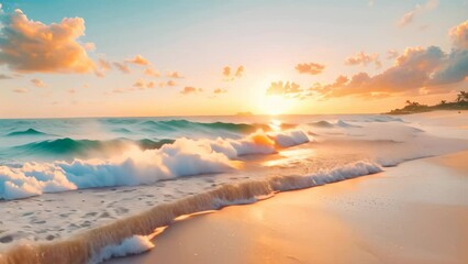 Wall Mural - The sun is setting over the ocean on a serene beach with gentle waves lapping, A serene beach at sunset, with gentle waves lapping against the shore