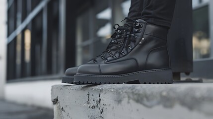 Poster - Stylish black ankle boots with a rugged sole, set on an urban concrete surface