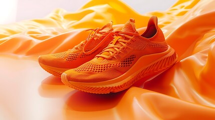 Wall Mural - Stylish orange running shoes with unique textures, placed on a clean, minimal surface