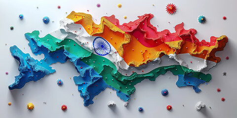 Abstract 3D map of India with the national flag colors and intricate textures, representing cultural richness. Independence Day of India.