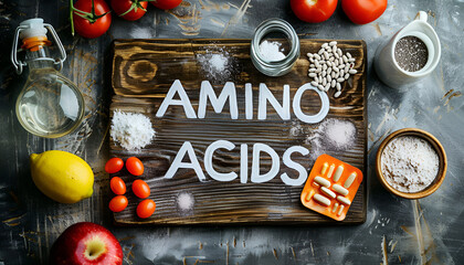 Wall Mural - Wooden board with text AMINO ACIDS among different products, top view
