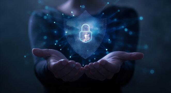Cybersecurity protection with digital shield and lock symbolizing safeguarding of data