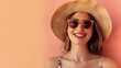 © Partha - woman wearing a straw hat and sunglasses, posing against a pastel orance background banner with copy space