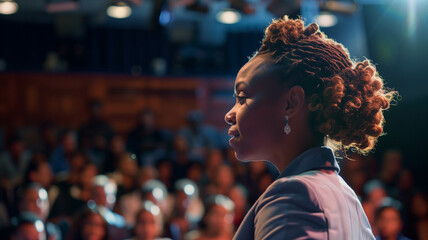 successful woman in STEM motivating an audience with her speech on diversity and leadership