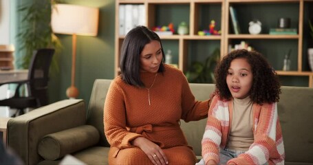 Poster - Child, mom and psychology or mental health in therapy for daughter, medical and sad. Family, parent and kid in counseling session for depression, anxiety and consulting with professional support