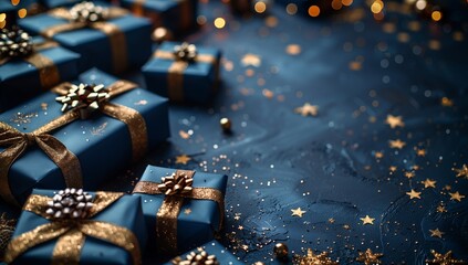 Row of electric blue and gold Christmas presents on a dark blue background