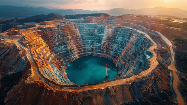 High definition aerial photograph of large open-pit ore mine, taken from drone at high altitude