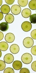 Wall Mural - Green lime fruits on white. Top view flat lay