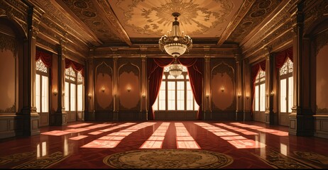 Wall Mural - ballroom palace castle room interior. empty with light fixtures with chandelier and reflections in floor.	
