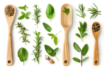 Flat lay fresh herbs and spices, on white background, wooden spoons are filled with peppercorns