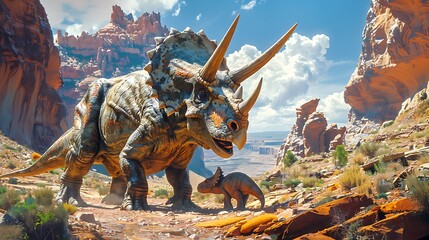 Wall Mural - male Triceratops protecting its young in a rocky canyon with other dinosaurs nearby