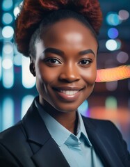 Poster - Portrait of African-American woman in business suit; city background; executive, lawyer, CEO, founder, manager, director, analyst, president, chairperson, administrator