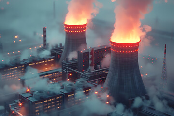 A nuclear power plant with towering cooling towers emitting steam, set against a clear blue sky, symbolizes advanced technology and energy production while highlighting environmental considerations an