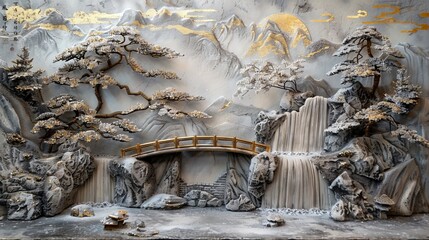Wall Mural - Volumetric stucco molding on a concrete wall with golden elements, Japanese landscape, waterfall, mountains, sakura.