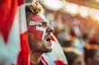 © ChaoticMind - An enthusiastic sports fan at a stadium holding a national flag, representing support for a team