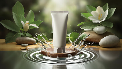 Wall Mural - White Beauty Products Packaging Mockup white tube on water ripple natural background
