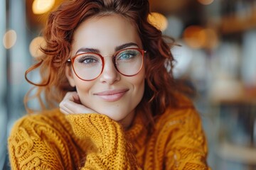 Wall Mural - A woman with vibrant curly red hair wearing a cozy yellow sweater giving a warm, autumnal feel