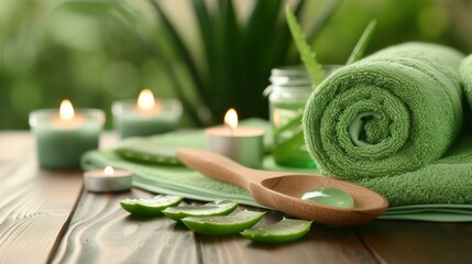 Poster - Aloe vera slices with candle bath tower. Mood for spa and relaxation.