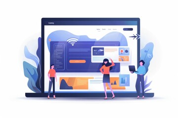 A vibrant illustration portraying people interacting with a huge, stylized computer screen featuring web design elements