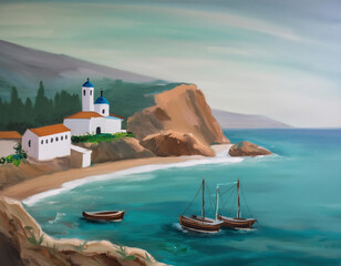 Wall Mural - Oil painting of a quiet old fishing town with hills, sailboats and waves crashing on the seashore	in Greece island