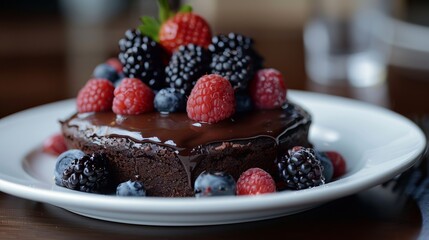 A luscious chocolate cake topped with fresh berries, elegantly served on a white plate