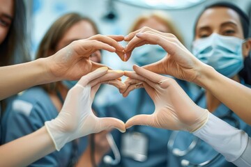 Wall Mural - dental team making heart shape with hands compassionate patient care friendly and welcoming dental practice oral health concept