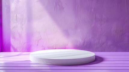 Leinwandbilder - A round white pedestal sits on a purple wooden table in a room bathed in morning sunlight, creating a vibrant ambiance.