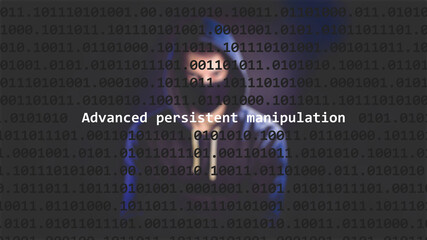 cyber attack advanced persistent manipulation text in foreground screen, anonymous hacker hidden wit