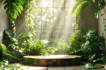 Empty wooden podium platform for product presentation with tropical leaves and sunlight through the window on background