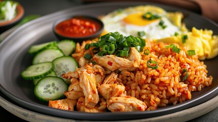 Sticker - chicken kebuli rice with omelet, pickled cucumber, and sambal. Generative Ai