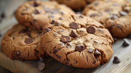 Poster - Chocolate chip cookies on wooden table. Sweet biscuits. Generative Ai