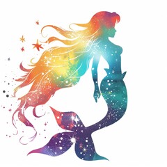 Wall Mural - Vector illustration silhouette of a beautiful mermaid with soft prismatic iridescent rainbow gradient colors.