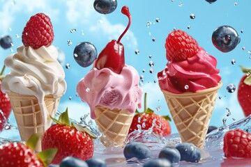 Three colorful ice cream cones filled with mixed berries and cherries