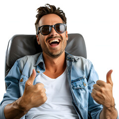 Wall Mural - Handsome adult male passenger having great time on flight isolated on white background, png
