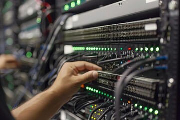 Wall Mural - focused data center technician performing maintenance on sophisticated computer equipment