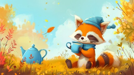 Wall Mural - A cartoon fox in a blue hat and scarf holding a cup of tea