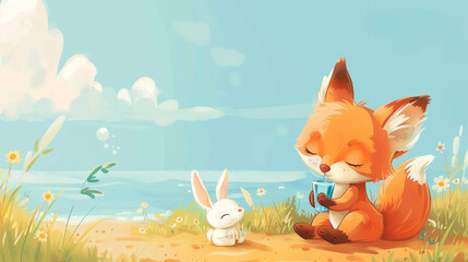 Wall Mural - A fox and a rabbit sitting in the grass