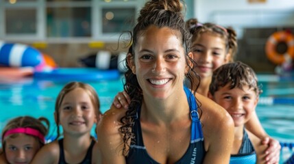 Wall Mural - Portrait of swimming coach with students in group aqua training class in gym