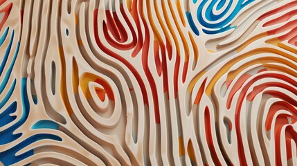 The artwork shows the creative use of artificial intelligence to create abstract illustrations of wooden mazes with colorful narrow paths in blue and red with yellow in the background