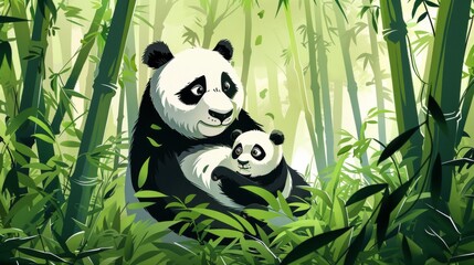 Wall Mural - An adult panda and a cub in bamboo forest