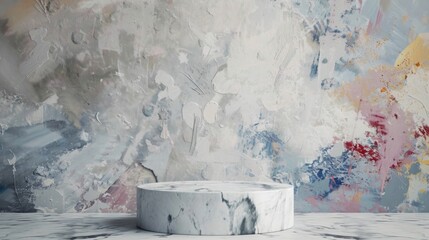 Aufkleber - A marble pedestal stands before a vibrant, abstract mural with swirling colors and textures, capturing midday light.
