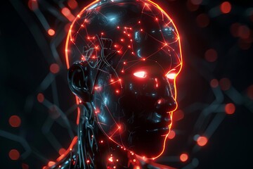 Wall Mural - futuristic humanoid head with glowing neon neural network 3d render