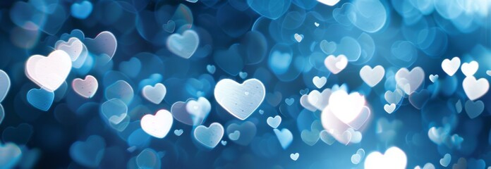 Wall Mural - Blurred background with heartshaped bokeh lights in shades of blue and white, creating an atmosphere for love