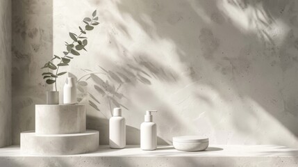 Fototapete - Sunlight casts soft shadows in a minimalist bathroom showcasing eucalyptus in a vase, various toiletry bottles, and a small bowl arranged on a stepped display.