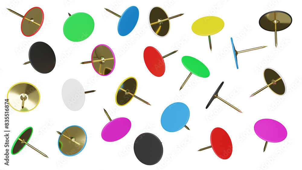 Falling colorful metal push pins isolated on transparent and white ...