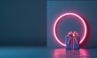 © Ibad - 3d render, neon ring and gift box levitate over blue background. Futuristic Christmas ornament concept, festive minimalist wallpaper