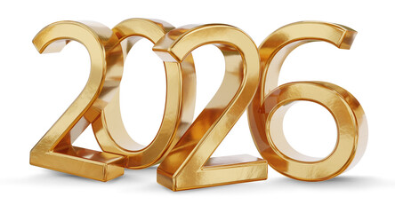 2026 golden gold new year symbol, glossy metallic isolated number 2026 as year